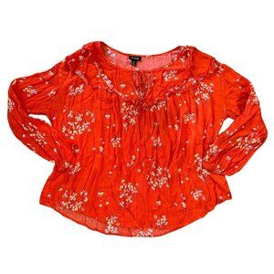 A.N.A XL Women's Bold Orange Floral Long Sleeve Round Neck Keyhole Blouse